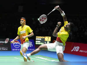 India's Satwiksairaj Rankireddy, right, and Chirag Shetty compete during their b...