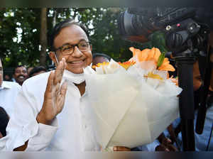 New Delhi, Oct 19 (ANI): Congress leader P. Chidambaram arrives to greet newly e...