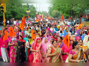 Jaipur, May 06 (ANI): Bharatiya Mazdoor Sangh members takes out a rally Majdoor ...