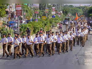 Ajmer: Rashtriya Swayamsevak Sangh (RSS) volunteers take part in a 'path sanchal...