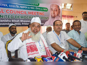Guwahati: AIUDF President and MP from Dhubri Maulana Badruddin Ajmal addresses a...