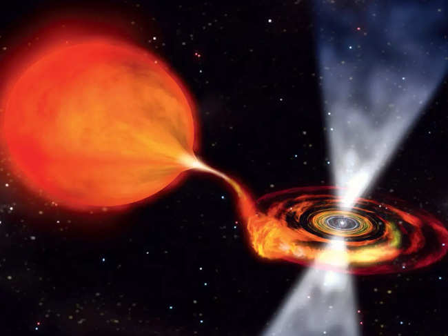 ​Artist’s impression of a pulsar ‘eating’ a companion star. Researchers say creating models of engulfment events is tricky because of the extreme disparities between the sizes of stars and their planetary meals​.