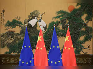 Flags of European Union and China are pictured during the China-EU summit in Beijing