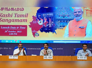 New Delhi: Union Education Minister Dharmendra Pradhan addresses a press conference on 'Kashi Tamil Sangamam', in New Delhi on Thursday, Oct 20, 2022. (Photo: Qamar Sibtain/IANS)