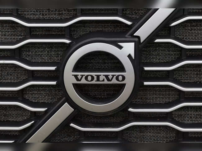 The Volvo logo is seen in truck for sale in Linden, New Jersey
