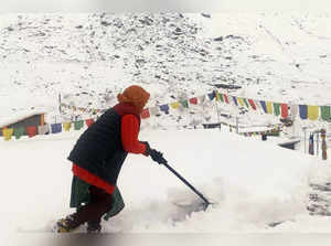 Lahaul and Spiti, Nov 10 (ANI): A woman clears the snow from a rooftop after hea...