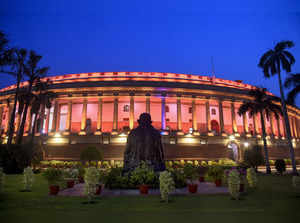 New Delhi: Illuminated Parliament House complex during counting of votes to elec...