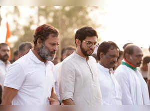 Nanded: Congress leader Rahul Gandhi with Shiv Sena (Uddhav Balasaheb Thackeray) leader Aaditya Thackeray during Congress Bharat Jodo Yatra in Nanded on Friday, November 11, 2022 (Photo:IANS/Twitter)