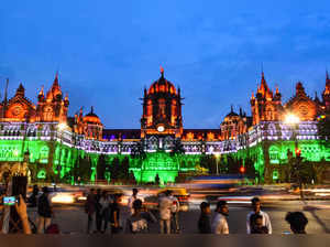 Mumbai: Chhatrapati Shivaji Maharaj Terminus (CSMT) building illuminated with th...