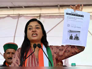 Mandi, Oct 21 (ANI): Congress leader Alka Lamba addresses a public gathering, in...