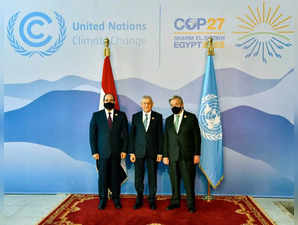 Iraqi President Abdul Latif Rashid, Secretary-General of the U.N. Antonio Guterres, and Egyptian President Abdel Fattah al-Sisi pose for photo during the COP27 climate summit, in Sharm el-Sheikh
