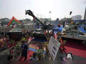 Indigenous tanks and armored vehicles are displayed at a defense exhibition in K...