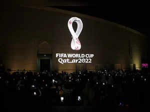 The tournament's official logo for the 2022 Qatar World Cup is seen on the wall of an amphitheater, in Doha
