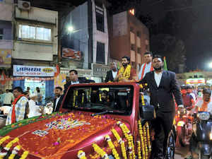 Jamnagar: Cricketer Ravindra Jadeja at a BJP roadshow in Jamnagar, where his wif...