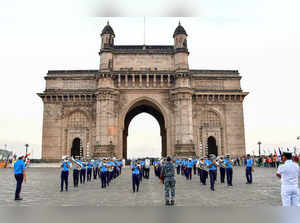 Mumbai: Indian Navy band during rehearsal for Navy Day celebrations, near the Ga...