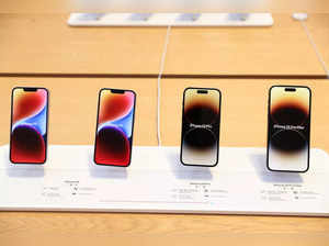 The Apple iPhone 14, The Apple iPhone 14 Pro and the Apple iPhone 14 Pro Max are seen at the Apple Fifth Avenue store in Manhattan, New York City