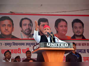 Rampur: Samajwadi Party President Akhilesh Yadav addresses an election rally, in...