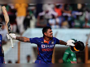 India's Ishan Kishan celebrates scoring a century during the third one day inter...
