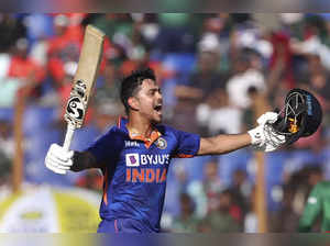 India's Ishan Kishan celebrates after scoring a double-century during the third ...