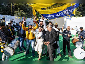 New Delhi, Dec 08 (ANI): Aam Aadmi Party( AAP) supporters celebrate as AAP has b...