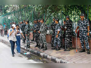 New Delhi, Sep 27 (ANI): Central Reserve Police Force (CRPF) personnel stand gua...