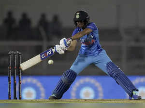 Mumbai: Indian player Harmanpreet Kaur  plays a shot during the T20 Internationa...