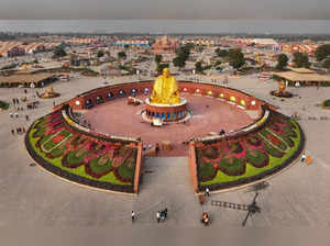 Ahmedabad: An Arial view of a statue of Shree Pramukh Swami with Akshardham repl...