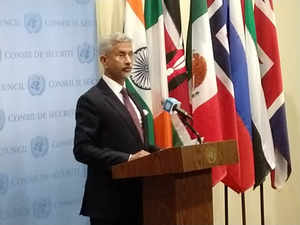 India's External Affairs Minister speaks at a news conference outside the United Nations Security Council chamber on Thursday, December 15, 2022. (Photo: Arul Louis/IANS)