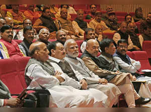 New Delhi, Dec 14 (ANI): Prime Minister Narendra Modi with Union Ministers Rajna...