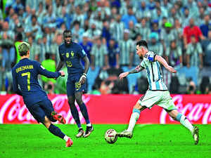 Argentina’s Lionel Messi in action with France’s Antoine Griezmann