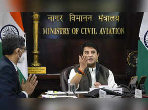 New Delhi: Union Minister for Civil Aviation Jyotiraditya Scindia speaks during ...