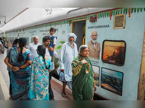 Bengaluru: Pilgrims board the 'Bharat Gaurav Kashi Darshan' train at KSR railway...