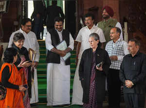 New Delhi: Congress MP Sonia Gandhi with party MP Adhir Ranjan Chowdhury and oth...