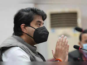 New Delhi: Union Civil Aviation Minister Jyotiraditya Scindia addresses a press ...