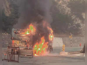 Jammu: A truck set on fire during an encounter between terrorists and security f...