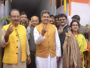 Agartala: Tripura Chief Minister Manik Saha poses for a photo, flashing the vict...