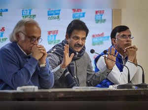 New Delhi: Congress leaders Jairam Ramesh, K.C. Venugopal and Pawan Khera addres...