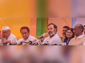 Indore: Congress leader Rahul Gandhi with party leaders Kamal Nath and Digvijaya...