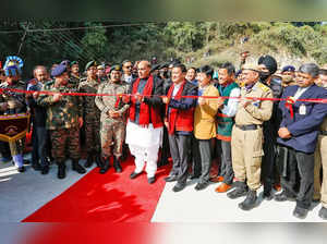 Arunachal Pradesh: Union Defence Minister Rajnath Singh inaugurates and dedicates to the nation 28 infrastructure projects including bridges & roads of Border Roads Organisation (BRO), worth Rs 724 crore at Siyom Bridge on Along-Yingkiong Road, in Arunachal Pradesh on Tuesday, January 03, 2023. (Photo: PIB/IANS)