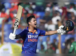 Chattogram, Dec 10 (ANI): India's Ishan Kishan celebrates after completing his d...