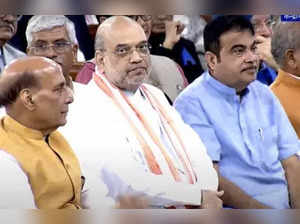 New Delhi: Union Ministers Amit Shah, Rajnath Singh and Nitin Gadkari during President Droupadi Murmu's swearing-in ceremony at the Central Hall of the Parliament in New Delhi on Monday, July 25, 2022. (Photo: Sansad TV/IANS)