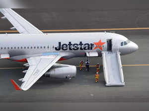 An aerial view shows a Jetstar plane after the budget carrier made an emergency landing following a bomb threat at Chubu Centrair International Airport in Tokoname