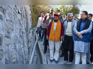 Joshimath_ Uttarakhand Chief Minister Pushkar Singh Dhami inspects the landslide....