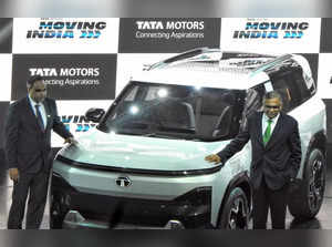 Greater Noida: Tata Chairman Natarajan Chandrasekaran and Managing Director Shailesh Chandra unveil Tata Sierra Electric SUV at the Auto Expo 2023 in Greater Noida, Uttar Pradesh on Wednesday, Jan. 11, 2023. (Photo: Anupam Gautam/IANS)