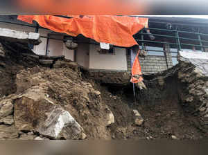 Joshimath: A collapsed part of a house due to landslides at Joshimath in Chamoli...