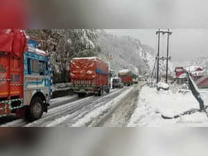 Srinagar: Vehicles left stranded on the Jammu-Srinagar National Highway that was closed for traffic due to shooting stones triggered by rains at Ramban, which is 150 kilometres from Jammu, on Nov 16, 2020. During the last two days the higher reaches of Jammu and Kashmir received snowfall while the plains received rainfall bringing down the temperature substantially. The Jammu Srinagar highway is the life line for Kashmir Valley and an important surface link connecting Kashmir with the rest of th