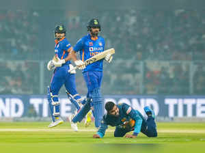 Kolkata: Indian batters Shreyas Iyer and KL Rahul take a run during the 2nd ODI ...
