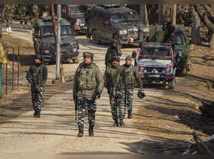 Budgam: Security personnel during an encounter with terrorists in Budgam distric...