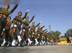 New Delhi: Security personnel march during rehearsals for the Republic Day Parad...