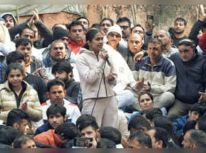 New Delhi: Indian wrestler Babita Phogat addresses during a silent protest against Wrestling Federation of India (WFI) president Brijbhushan Sharan Singh, at Jantar Mantar in New Delhi on Thursday, January 19, 2023. (Photo: Anupam Gautam/IANS)